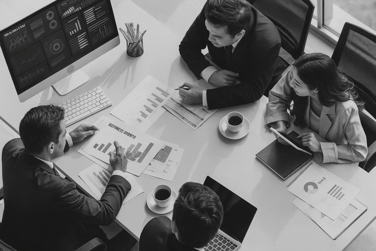 Four colleagues reviewing business growth charts around a conference table, seen from above