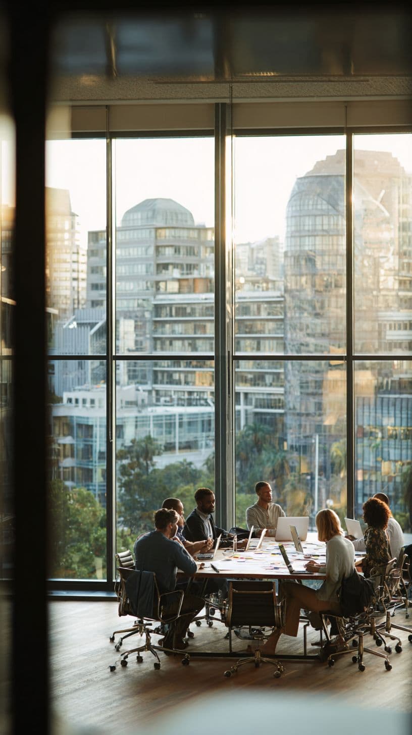 A project team meeting around a conference table in a glass-walled office