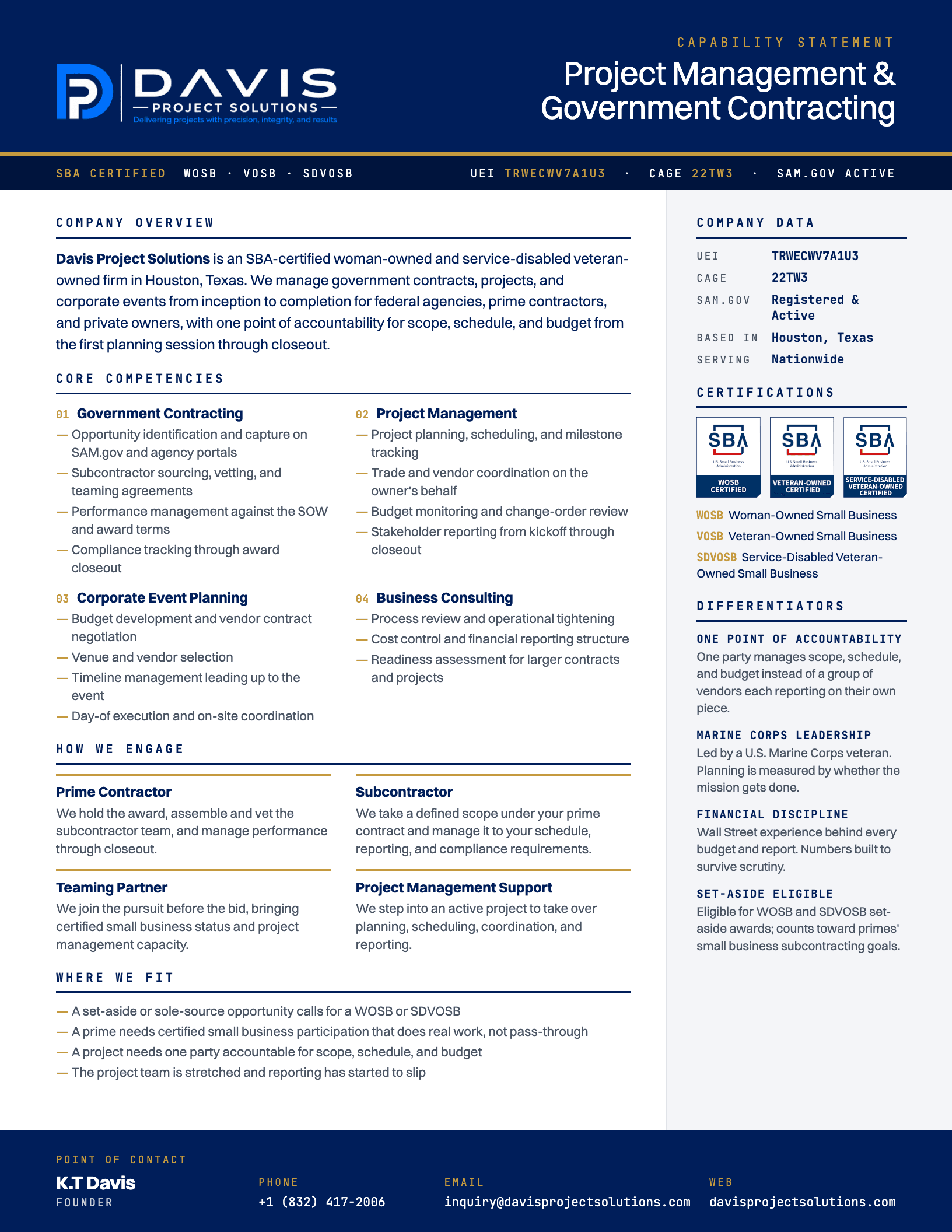 Preview of the Davis Project Solutions one-page capability statement